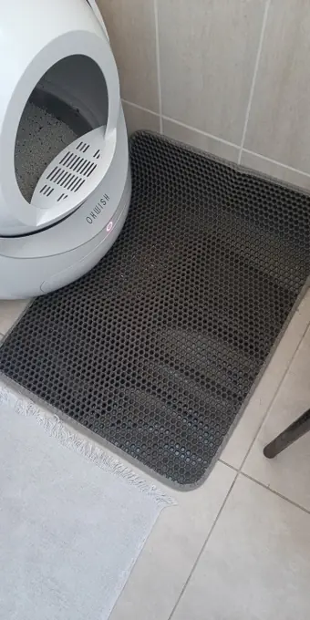 Photo d'un acheteur montrant le tapis de litière Minopatte en situation