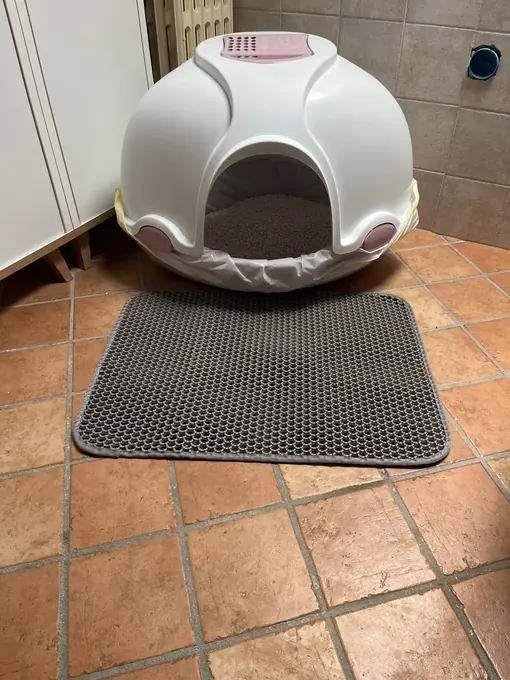 Photo d'un acheteur montrant le tapis de litière Minopatte en situation