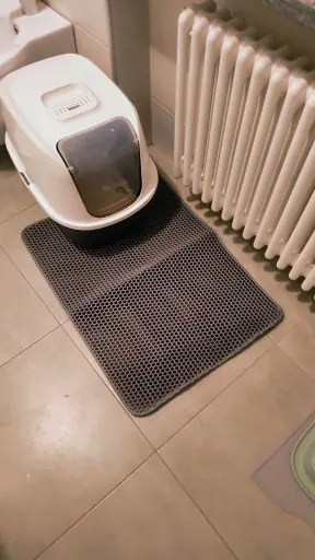 Photo d'un acheteur montrant le tapis de litière Minopatte en situation