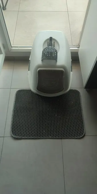Photo d'un acheteur montrant le tapis de litière Minopatte en situation